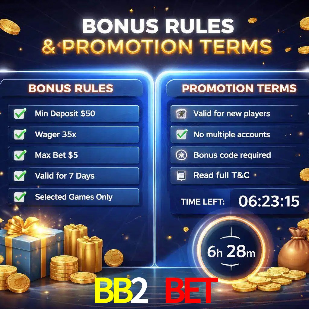 Reglas de promoción BB2 BET y condiciones de bonos explicadas visualmente