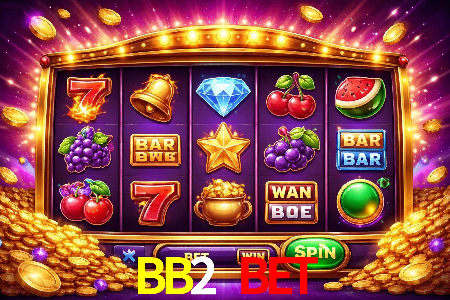 Una interfaz colorida de tragamonedas en línea con símbolos brillantes, monedas y un efecto de victoria celebratoria en BB2 BET.