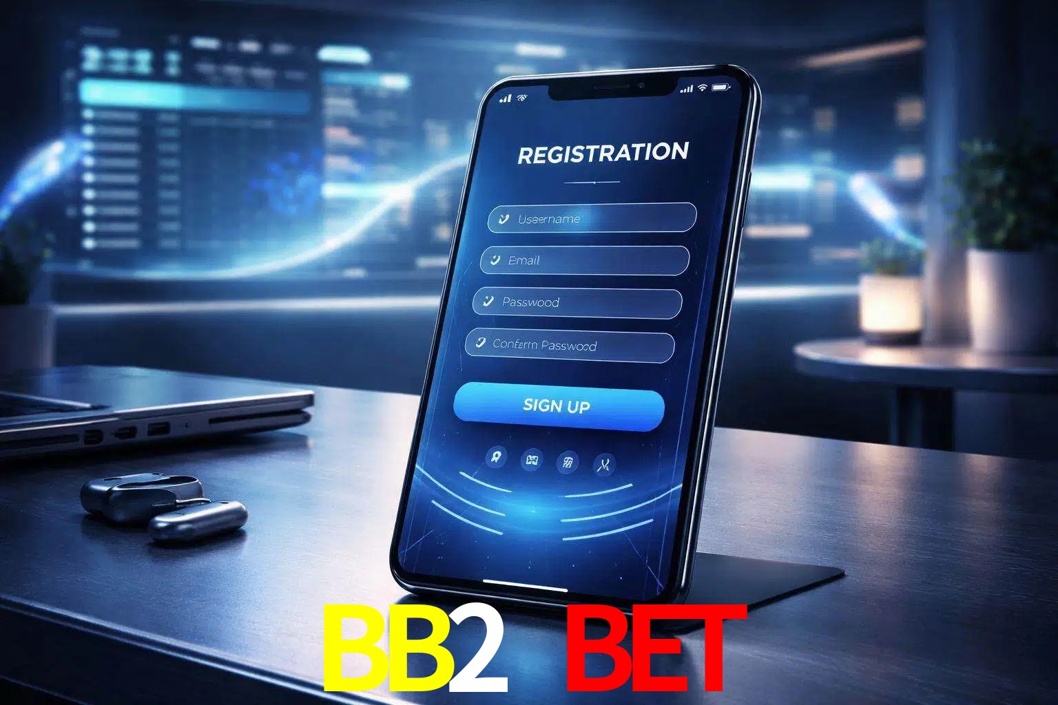 Una interfaz moderna de registro móvil para BB2 BET mostrada en un smartphone con un panel de apuestas elegante.